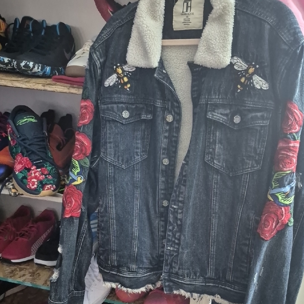 Love & Legend Black Denim Jacket with Floral and Bee Embroidery
